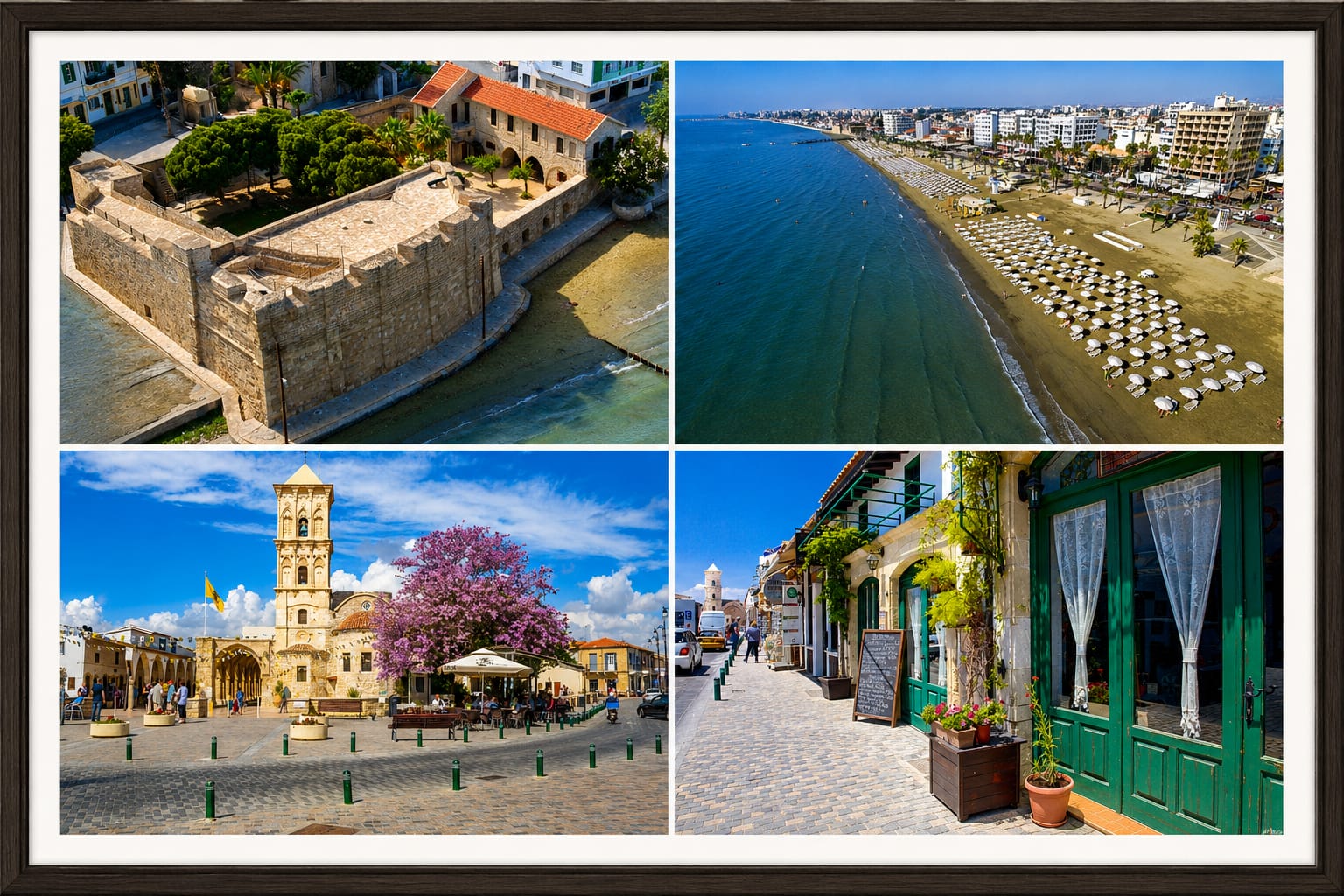 Larnaca collage: the castle, Finikoudes beachfront, Agios Lazaros square and old-town streets