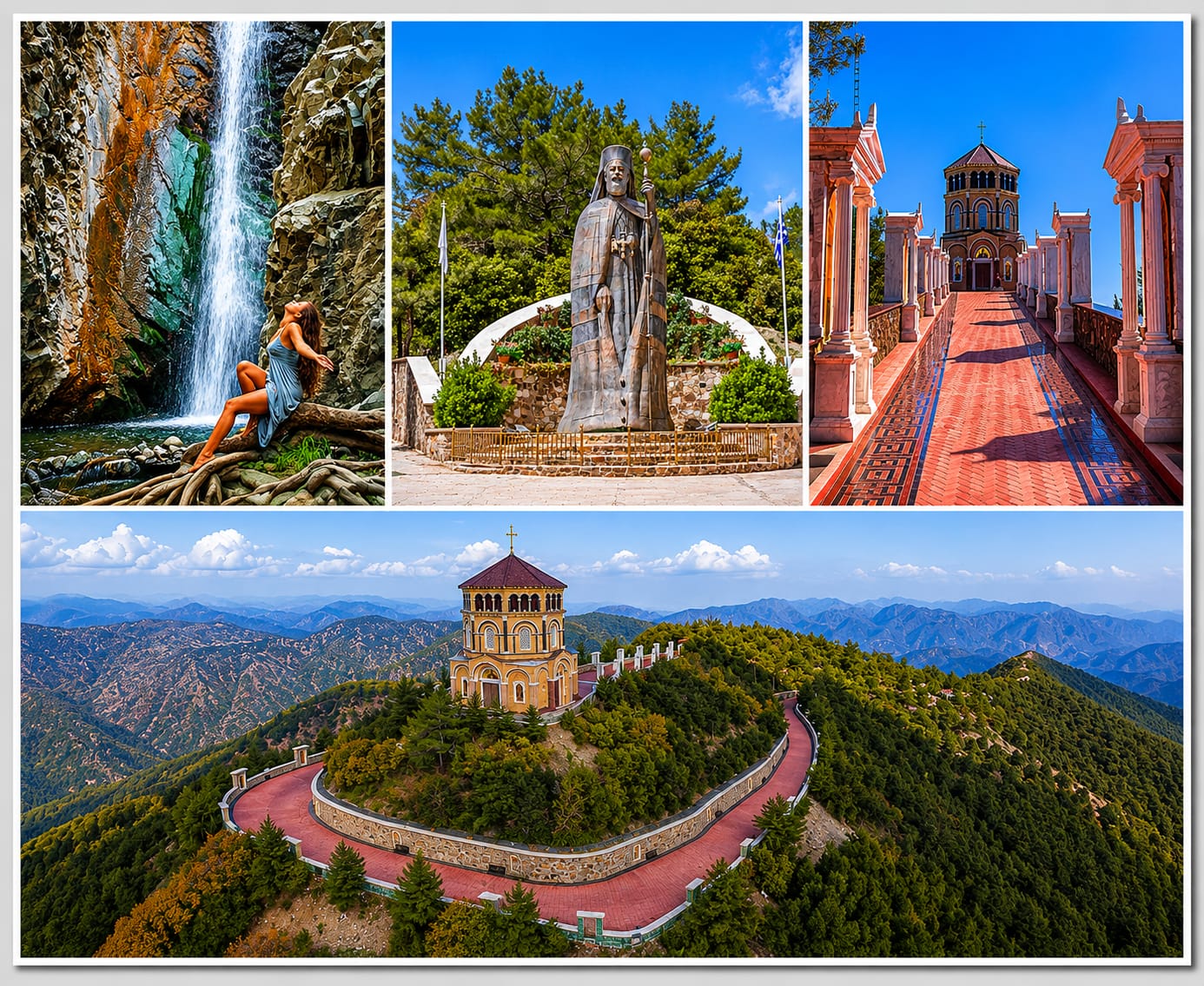 Troodos mountains collage: Caledonia waterfall, mountain monasteries and forested peaks